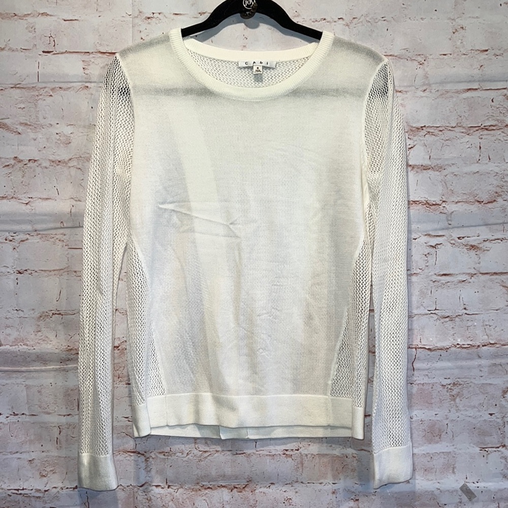 Cabi 213 knit ivory sweater split back boat neck casual pullover S sheer arms